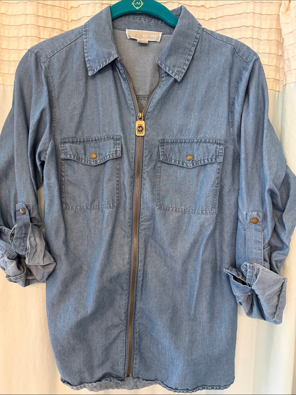 Michael Kors Light Blue Chambray Zip-Front Shirt Jacket